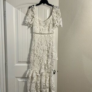 Lulus Briarwood White Lace Ruffled Midi Dress